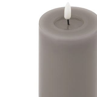 Close up of the grey pillar candle top, showing the melted effect and the white LED faux flame.