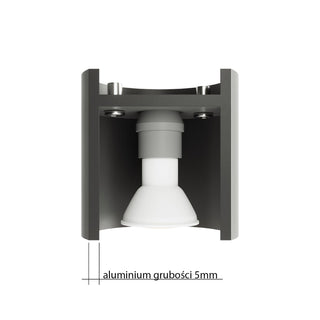 Detail of the light fitting cross-section, showing the internal bulb and 5mm thick aluminium casing.