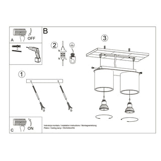 Technical diagram detailing the multi-step process for installing the grey ceiling light fixture.