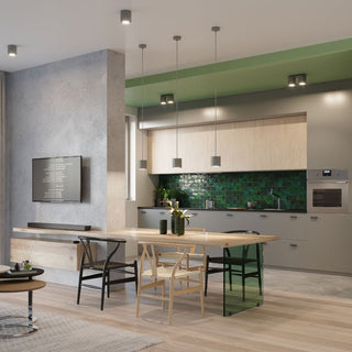 Twin grey ceiling light fixture placed above the kitchen counter in a modern open-plan interior.