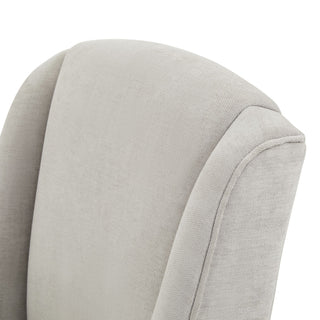 Close-up of the grey woven fabric texture on the chair back with detailed stitching along the curve.
