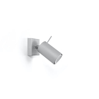 Grey cylindrical spotlight fixture shown angled downwards from a three-quarter perspective.
