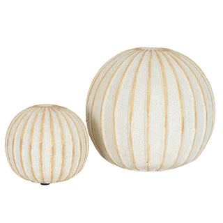 Two decorative balls, small and large, featuring off-white ribbed surfaces and vertical tan stripes.