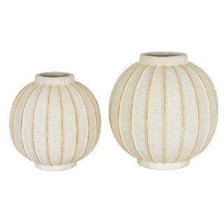 Large and small globe vases shown together, featuring textured beige surfaces and vertical yellow ribbing.