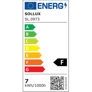 Isolated graphic of the energy efficiency label showing the F rating and 7 kWh per 1000 hours.