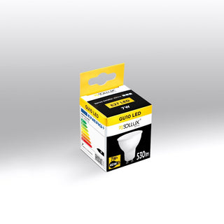 Studio shot of the black, white, and yellow packaging box for the GU10 LED bulb.