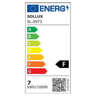 Sollux EU energy efficiency label showing model SL.0973, F rating, and 7 kWh per 1000 hours consumption.