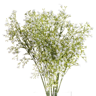 Artificial gypsophila spray with delicate white flowers and green stalks, photographed front-on in a clear glass base.