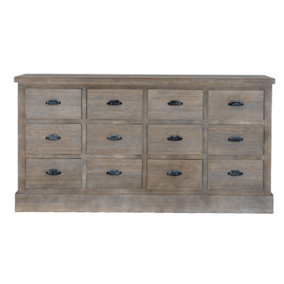 Full front view of the 12 drawer chest with weathered grey wood finish and dark metal cup handles.