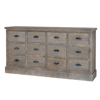 Front view of the 12 drawer chest showing the light wood grain and dark cup handles.