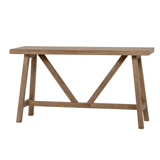 Full, front-on studio view of the light wood console table, highlighting the A-frame legs and diagonal cross-bracing.