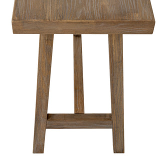 Close-up detail of the console table's A-frame leg structure and weathered wood grain.
