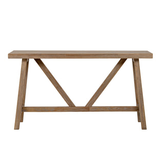 Studio view of the light wood console table, highlighting the rectangular top and textured, weathered finish.