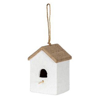 Front view of a white textured birdhouse with a brown pitched roof, hanging from a twine loop. It has an entrance hole and a wooden perch.