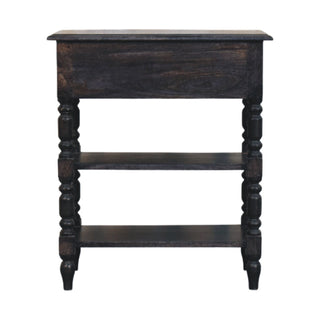 Rear view of the dark wood turned-leg side table showing the solid back panel and two shelves.