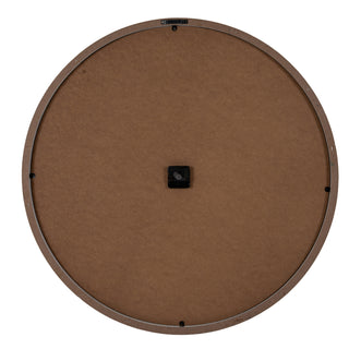 Rear view of the circular clock showing the brown backing board, central mechanism, and hanging fixture.
