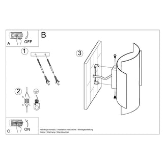 Black and white diagram detailing the wall lamp installation process, including hardware and wiring.