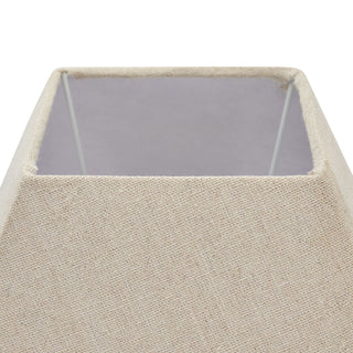 Detail shot of the tapered natural fabric lampshade top edge, highlighting the coarse weave texture.