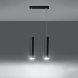 Black cylindrical shades switched on, showing bright downward illumination.