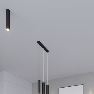 Black rectangular pendant ceiling bar installed next to a matching cylindrical surface-mounted spotlight.