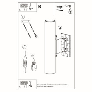 Line drawing showing the components and steps for installing the cylindrical wall light fixture, including mounting bracket and wiring.