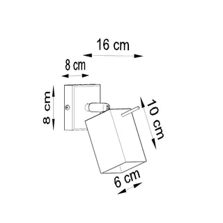 Technical diagram of the white adjustable wall lamp showing the 8 cm square base, 16 cm projection, and 10 cm spotlight length.