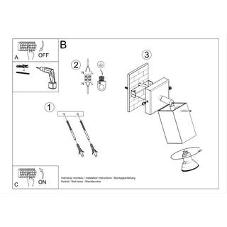 Black and white line drawing illustrating the installation steps for the adjustable wall lamp, showing wiring and mounting.
