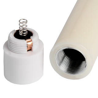 Close-up of the battery compartment base with spring contact, next to the threaded bottom of the ivory candle body.