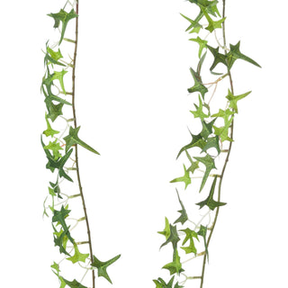 Close detail of two vertical lengths of plastic ivy garland showing dark and light green leaves.