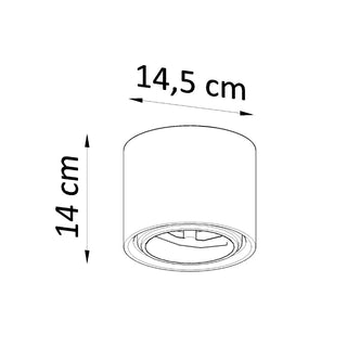 Diagram of the white cylindrical ceiling light showing 14 cm height and 14.5 cm width.