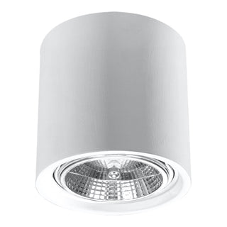White cylindrical ceramic surface-mounted ceiling light with recessed spotlight.