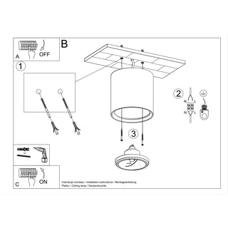 Line drawing showing the step-by-step installation instructions for the ceramic ceiling light.