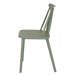 French Grey outdoor chair, side profile view showing the seat and angled spindle back.