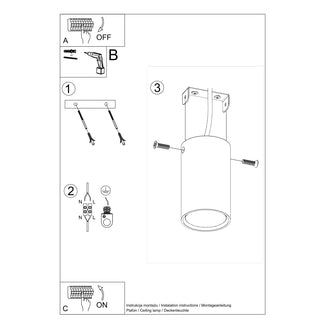 Technical drawing showing the installation steps for the ceiling lamp, including power isolation, drilling, and wiring.