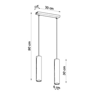 Technical drawing showing the dimensions of the double pendant light: 90 cm total drop, 30 cm bar length, 30 cm shade height.