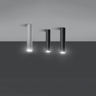 White cylindrical ceiling light fixture displayed next to two black versions.