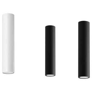 Comparison view showing one white and two black cylindrical ceiling lights of varying lengths.