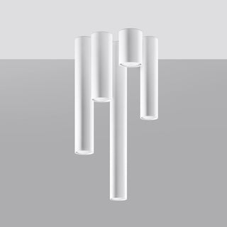 Cluster of five white cylindrical ceiling lights suspended at different vertical drops.
