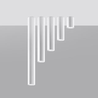 Studio shot showing five white cylindrical light fittings suspended at varying lengths.