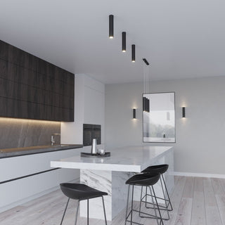 Four Lagos ceiling lamps installed in a modern kitchen with a marble island and dark cabinetry.