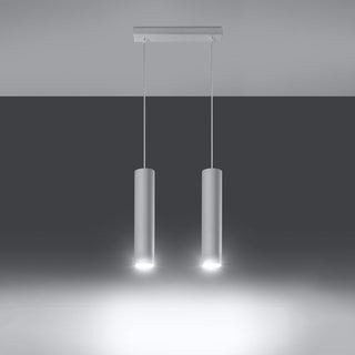 White twin pendant light fixture switched on, highlighting the focused downlighting effect.