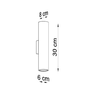Technical line drawing of the cylindrical wall lamp showing dimensions: 30 cm high, 6 cm diameter, and 8 cm projection.
