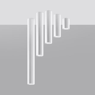 Five white tubular light shades displayed in descending lengths on a grey background.