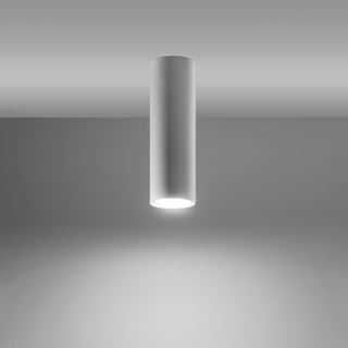 White cylindrical ceiling light mounted flush, illuminated and casting a downward light beam.