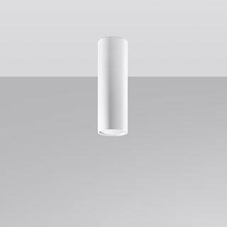 White cylindrical ceiling light fixture mounted flush to a white ceiling, set against a grey background.