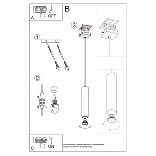 Technical diagram illustrating the installation steps for the pendant light fixture, including wiring and ceiling mount.