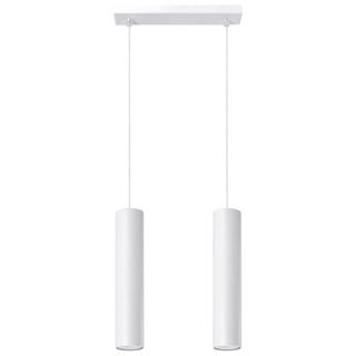 White twin pendant light with two cylindrical shades hanging from a rectangular ceiling bar.