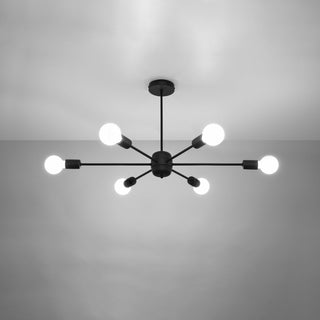 Ceiling-mounted black chandelier with six illuminated bulbs, viewed from below against a pale background.