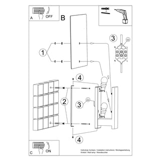 Exploded technical diagram showing the assembly steps for the wall lamp, including mounting hardware and wiring.
