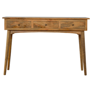 Light wood console table with three drawers, tapered legs, and a subtle curved apron connecting the legs.